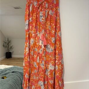 Women's Orange/Pink Floral Maxi Skirt with slit and smocked Waist